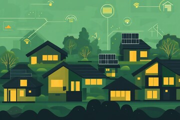 Flat vector image of IoT powered energy efficient housing units solar tracking consumption reports and automation