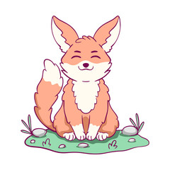 Cartoon fox is sitting on the grass. The fox is smiling and he is happy