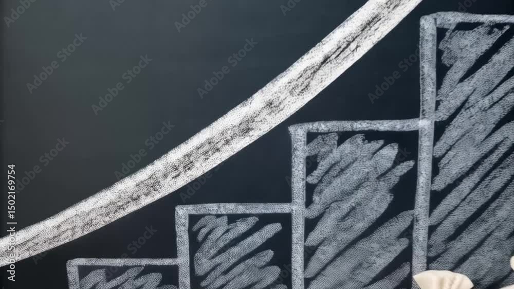 Poster Chalkboard drawing of increasing bar graph with arrow and currency bags and coin stacks below it