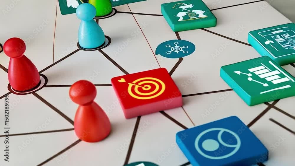 Poster Network diagram with colorful game pieces and icons representing connections and collaboration