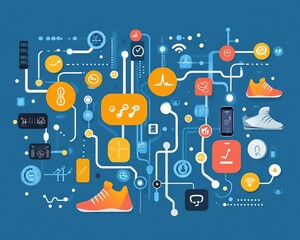 Flat vector of connected fitness ecosystem using IoT bands smart shoes and mobile integration for performance tracking
