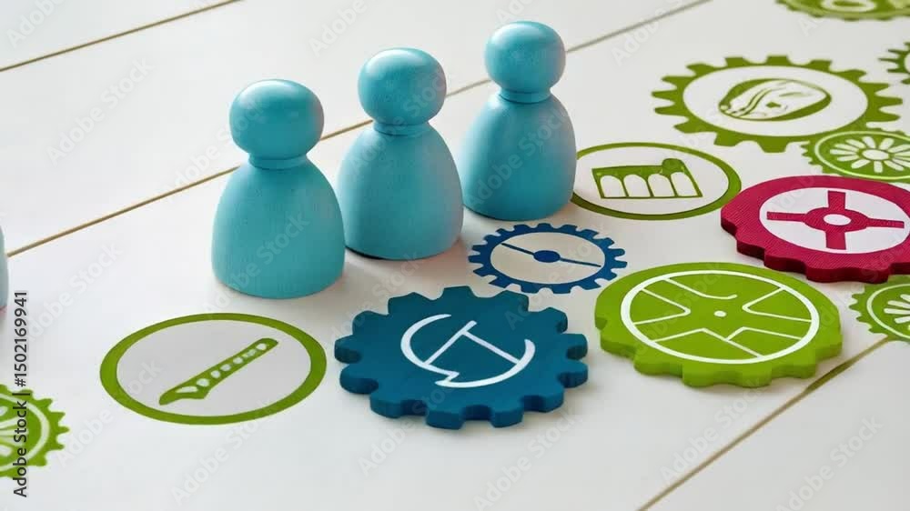 Poster colorful wooden figures and gears with business icons on a white surface representing teamwork and s