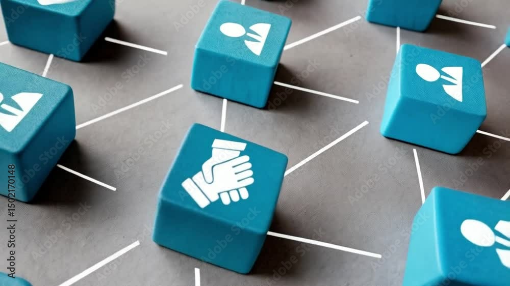Aufkleber network of blue cubes with people and handshake icons connected by white lines on gray surface
