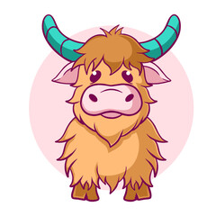 Cartoon cow with a blue horn and a pink background. The cow has a big smile on its face