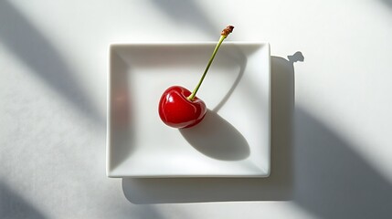 A single red cherry with a stem on a white square plate