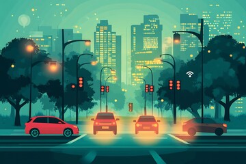 Flat vector of IoT traffic system using smart traffic lights congestion sensors real time monitoring