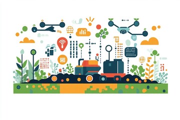 Flat vector of IoT powered agriculture automated irrigation soil sensors and drone monitoring systems