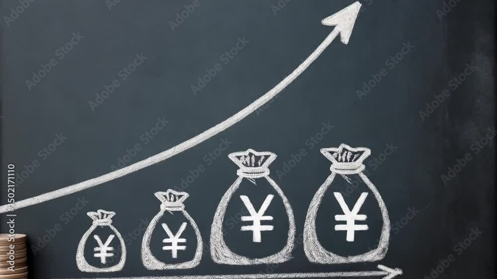 Poster chalkboard drawing showing coins and bags of yen with an upward trending arrow graph line