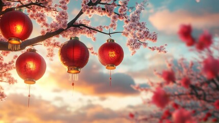 Fototapeta premium Cherry blossoms, lanterns at sunset