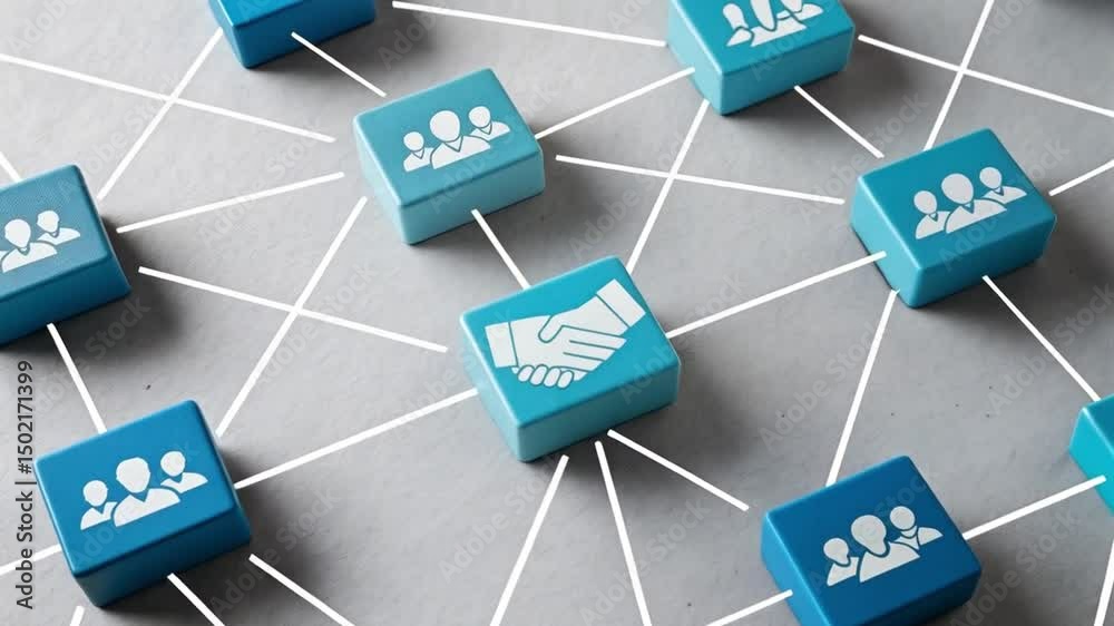 Poster network of blue blocks with people icons and handshake icon connected by white lines on gray surface