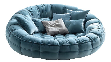 Tufted circular blue seating with pillows isolated on transparent background