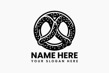 Stylized black and white illustration of a classic pretzel with salt details, suitable for a logo. Food concept