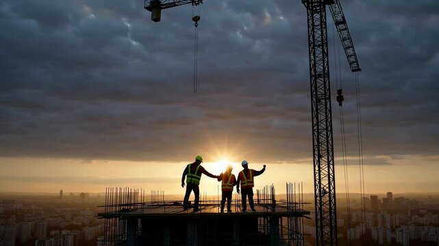 Sunset construction: workers collaborate on urban highrise at dusk