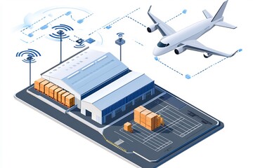 Flat vector smart logistics hub IoT powered cargo scanners temperature tracking and real time delivery status