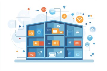 Flat vector smart retail shop IoT connected shelves digital price tags and customer movement analytics