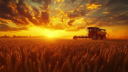 Fototapeta premium Golden wheat field at sunset, harvester