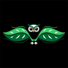 Flying Green Owl with Leaf Shaped Wings on Black Background. VECTOR ILLUSTRATION