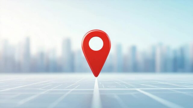 Red location marker on digital map with blurred city skyline background, symbolizing urban navigation, direction, and pointer for city map guidance and discovery.