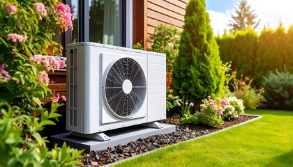 Outdoor Residential Heat Pump Unit in a Garden Setting