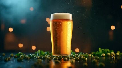 Cold glass of golden beer with foam on top surrounded by fresh hops creating cozy and refreshing atmosphere for perfect cold beverage and alcohol drink refreshment - Powered by Adobe