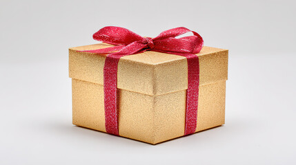 Obraz premium Golden gift box with red ribbon, symbolizing luxury and celebration
