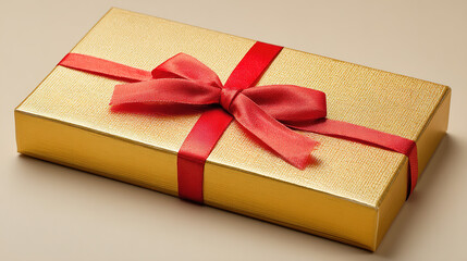 Golden gift box with red ribbon, symbolizing luxury and celebration