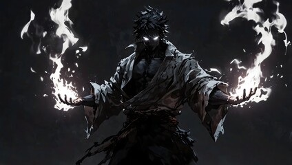 wallpaper of an anime character holding flames, muscular warrior, ready to fight, dark background