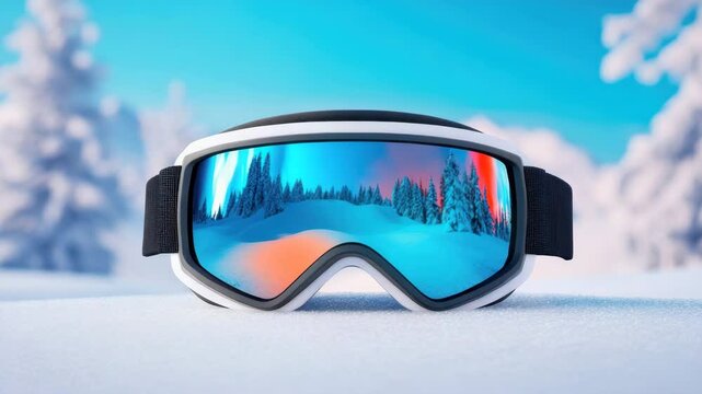 Ski goggle and snow goggle with reflective lens resting on snow in winter sport setting, capturing snow landscape, cold outdoor winter scene under blue sky