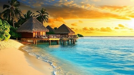Tranquil Tropical Paradise, Overwater Bungalows at Sunset Resort