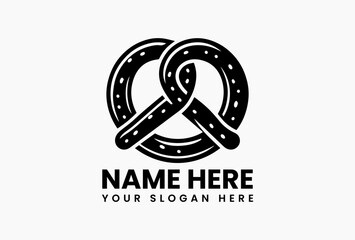 Elegant pretzel silhouette with salt crystal details in monochrome vector logo. Gourmet snack branding  