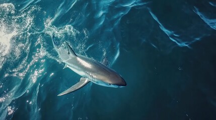 Fototapeta premium Elegant aerial view of a sleek great white shark gliding through azure ocean waters