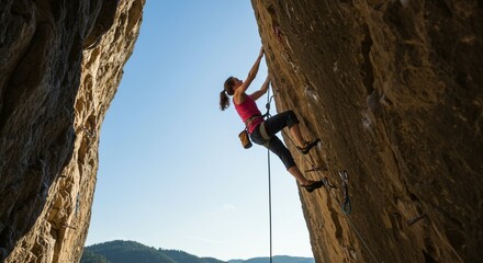 Outdoor action scene of a female rock climber scaling a rugged vertical rock face, equipped with safety gear, harness, and rope anchors.