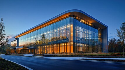 Obraz premium Modern Glass Corporate Building at Dusk