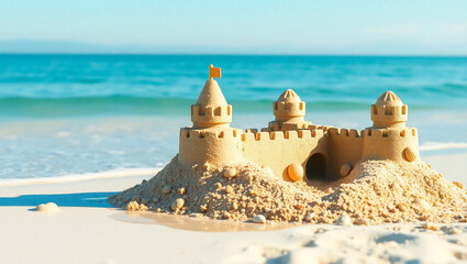 Naklejka premium Magnificent Sandcastle on a Sunny Beach A Summer Vacation Dream