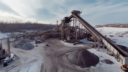 Aerial View of a Snowy Quarry Landscape with Industrial Mining Equipment