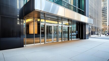 Modern office building entrance with glass doors and reflective facade
