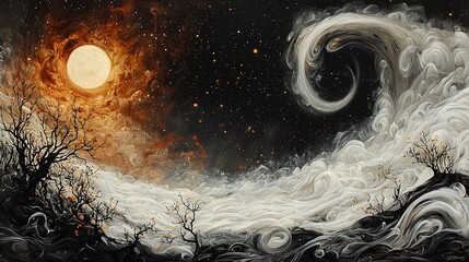 A Surreal Painting Comes Alive As Swirling Smoke and Ink Flow Off the Canvas Into a Sky Filled With Alien Stars and Bloom