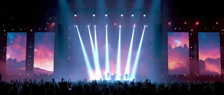 a thrilling scene at the main concert area as the audience moves in unison to rhythmic strobes while computer screens loop kaleidoscopic images.