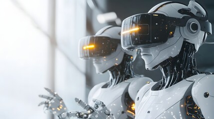 Fototapeta premium Futuristic robots wearing virtual reality headsets.