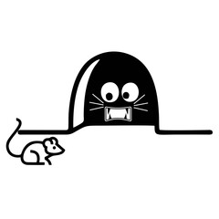 Scared Cat Inside Mouse Hole Staring At Tiny Curious Mouse. VECTOR ILLUSTRATION