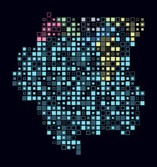 Suriname, shape of the country built of colored cells. Digital style map of Suriname on a dark background. Large size square blocks. Artistic vector illustration.