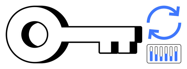Obraz premium Security key alongside refresh symbol and bar code, representing data access, security, encryption, and system update. Ideal for cybersecurity, authentication, privacy tools, access management