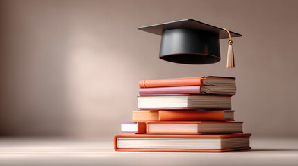 Graduation cap hovering over a stack of books, symbolizing academic success and knowledge foundation.