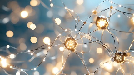 A network of glowing nodes connected by metallic filaments.