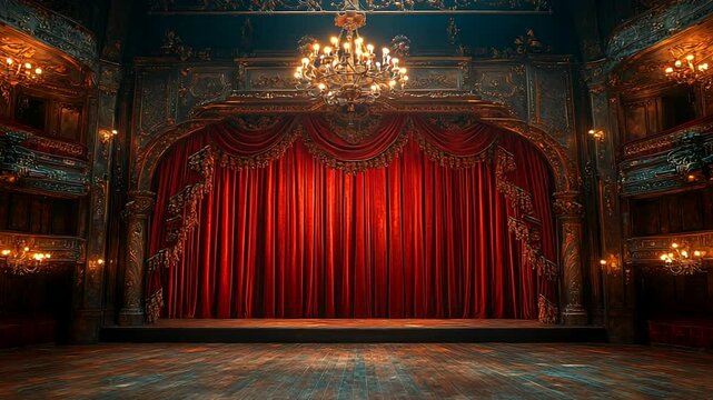 Grand theater stage with red curtain