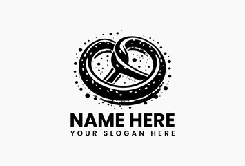 Minimalist black and white pretzel illustration with salt accents vector logo. Artisan bakery concept  