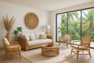 Modern Balinese Living Room with Rattan Furniture and Bohemian Tropical Decor
