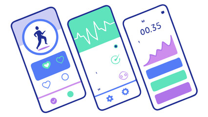 Fitness App Interface Mockup: Three smartphone screens showcasing a fitness app interface, displaying workout tracking, heart rate monitoring, and progress graphs. Clean design and vibrant colors. 