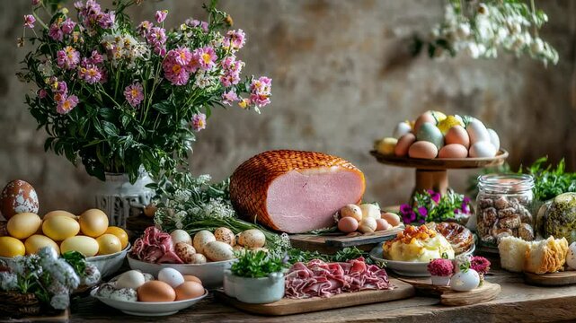 Lavish Easter Feast Still Life Composition with Ham and Decorated Eggs