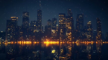 Fototapeta premium Illuminated city skyline reflecting on still water at night.
